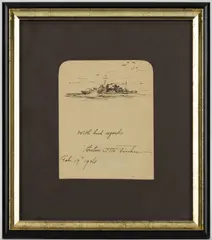 WORLD WAR II / WWII ERA SKETCH OF A BATTLE SHIP by Anton Otto Fischer, pen and ink on paper, sold Aug 2025