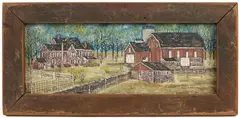 FOLK ART FARM SCENE LANDSCAPE PAINTING by Dolores Hackenberger, oil on canvas, sold Aug 2025