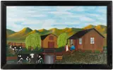 OUTSIDER ART MIXED MEDIA FARM SCENE PAINTING by Winston Mayo, mixed media including moss, sold Aug 2025