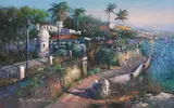 Peninsula Plaza by Paul Mathenia, oil on canvas (unstretched), sold Sep 2020
