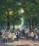 Biergarten by Karl Mohr, oil on canvas (unstretched), sold Sep 2020