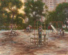 Play Ground by Wendell Hall, oil on burlap (unstretched), sold Sep 2020