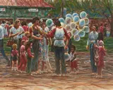 Blue Balloons Seller by Wendell Hall, oil on canvas (unstretched), sold Sep 2020