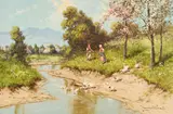 Geese by Stream by László Neogrády, oil on canvas (unstretched), sold Sep 2020
