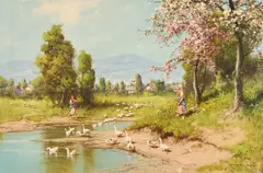 Feeding the Geese by László Neogrády, oil on canvas (unstretched), sold Sep 2020