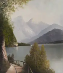 Gray Mountains Over Lake by Karl Schmidbauer, oil on canvas (unstretched), sold Sep 2020