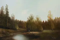 River by Karl Schmidbauer, oil on canvas (unstretched), sold Sep 2020