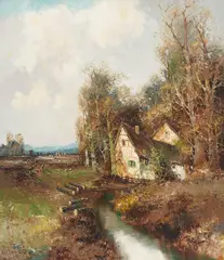 Old Mill by Willi Bauer, oil on canvas (unstretched), sold Sep 2020