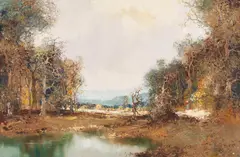 Landscape Lake by Willi Bauer, oil on canvas (unstretched), sold Sep 2020