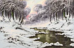 Sunrise Snow Stream by Josef Dande, oil on canvas (unstretched), sold Sep 2020