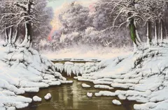 Snow Stream Reflections by Josef Dande, oil on canvas (unstretched), sold Sep 2020