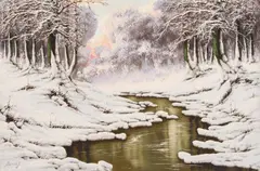 Sunset Snow Stream by Josef Dande, oil on canvas (unstretched), sold Sep 2020