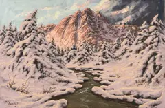 Sunset Alpine Reflections by Josef Dande, oil on canvas (unstretched), sold Sep 2020