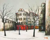 Paris in Snow Cafe in Montmartre by Manuel Monton Bunuel, oil on canvas (unstretched), sold Sep 2020