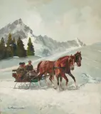 Sleigh Ride Thru The Mountains by Ludwig Gschossmann, oil o canvas (unstretched), sold Sep 2020