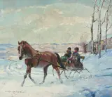 Horse And Carriage In The Snow by Ludwig Gschossmann, oil on canvas (unstretched), sold Sep 2020