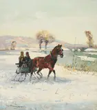 Sleigh Ride Around The Lake by Ludwig Gschossmann, oil on canvas (unstretched), sold Sep 2020