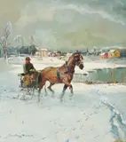 Village Sleigh Ride by Ludwig Gschossmann, oil on canvas (unstretched), sold Sep 2020
