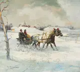 Sleigh Ride In Snow by Ludwig Gschossmann, oil on canvas (unstretched), sold Sep 2020