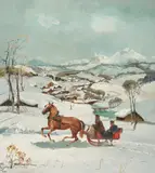 Sleigh Ride By Village by Ludwig Gschossmann, oil on canvas (unstretched), sold Sep 2020