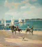 Ride By The Lake Promenade at Starnbergerse Lake Near Munich by Ludwig Gschossmann, oil on canvas (unstretched), sold Sep 2020