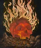 Untitled (Flaming skull) by Scott Holloway, oil on board, sold Sep 2020