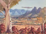 Central Australian Landscape by Ewald Namatjira, watercolour on Leighton art board, sold Feb 2024