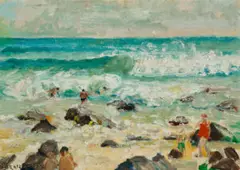 Bathers In The Surf by Ethel Carrick, oil on canvas on composition board, sold Jun 2025