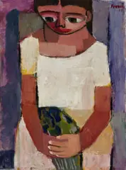 Girl With Violets by Leonard French, 1949, oil on canvas on composition board, sold Jun 2025