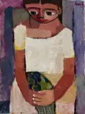 Girl With Violets by Leonard French, 1949, oil on canvas on composition board, sold Jun 2025
