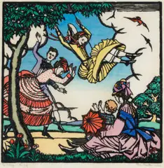 The Swing by Thea Proctor, 1926, hand-coloured woodcut, sold Jun 2025