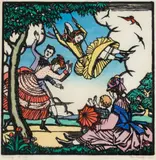 The Swing by Thea Proctor, 1926, hand-coloured woodcut, sold Jun 2025