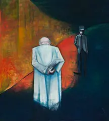 Two Men In Subway by Robert Dickerson, 1963, oil on composition board, sold Jun 2025
