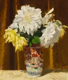 Dahlias In A Chinese Vase by Max Meldrum, 1951, oil on board, sold Oct 2024