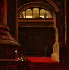 The Philosophy Department by Rick Amor, 1997, oil on linen, sold Oct 2024