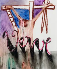 Italian Crucifix – Verve by Sidney Nolan, 1956, wax crayon and fabric dye on paper, sold Oct 2024