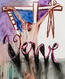 Italian Crucifix – Verve by Sidney Nolan, 1956, wax crayon and fabric dye on paper, sold Oct 2024