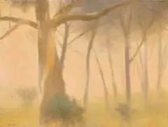 Towards evening by Clarice Beckett, c.1924 – 25, oil on compressed card, sold Oct 2025