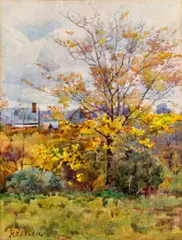 Autumn landscape with house by Hans Heysen, c.1898, watercolour on paper, sold Oct 2025