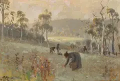 Gathering mushrooms by Albert Henry Fullwood, oil on panel, sold Oct 2025