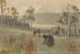 Gathering mushrooms by Albert Henry Fullwood, oil on panel, sold Oct 2025