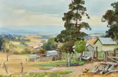 Lilydale farm by Ernest Buckmaster, 1943, oil on canvas on plywood, sold Oct 2025