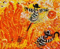 Wheatfield with sickle farmer and scarecrow by John Perceval, c.1990, oil on canvas on board, sold Oct 2025