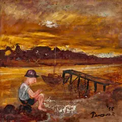 Charles blackman at Mallacoota Inlet by John Perceval, 1955, oil and tempera on composition board, sold Oct 2025