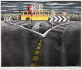 The waiting bus by Jeffrey Smart, 1986, colour lithograph on paper, sold Oct 2025