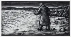 Drawing (man by the sea) by Peter Booth, 1999, Conté crayon and casein on paper, sold Oct 2025
