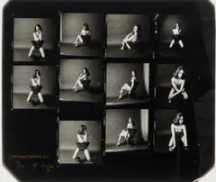 Enlarged Christine Keeler proof sheet by Lewis Morley, 1963, contact sheet, printed 1999 silver gelatin photograph, sold Oct 2025