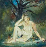 Seated figure by a creek by Arthur Boyd, 1972 – 73, oil on linen, offered Sep 2025