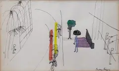 Rue animé by Suzanne Roger, Encre et aquarelle sur papier, sold Oct 2023