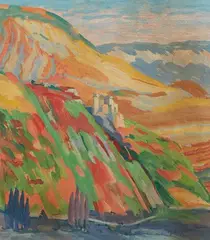 Paysage montagneux by Edy Legrand, Huile et gouache sur carton, sold Oct 2023